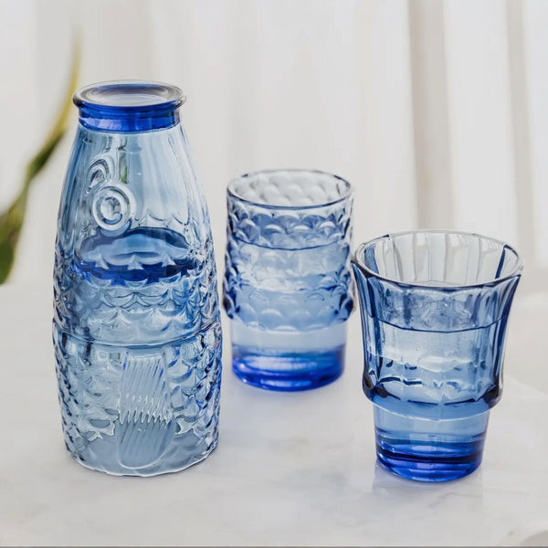 Fish Blue Glass Stacking Tumblers Set of Four