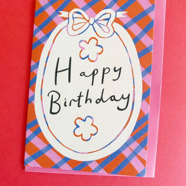 Gingham Bow Border Happy Birthday Card