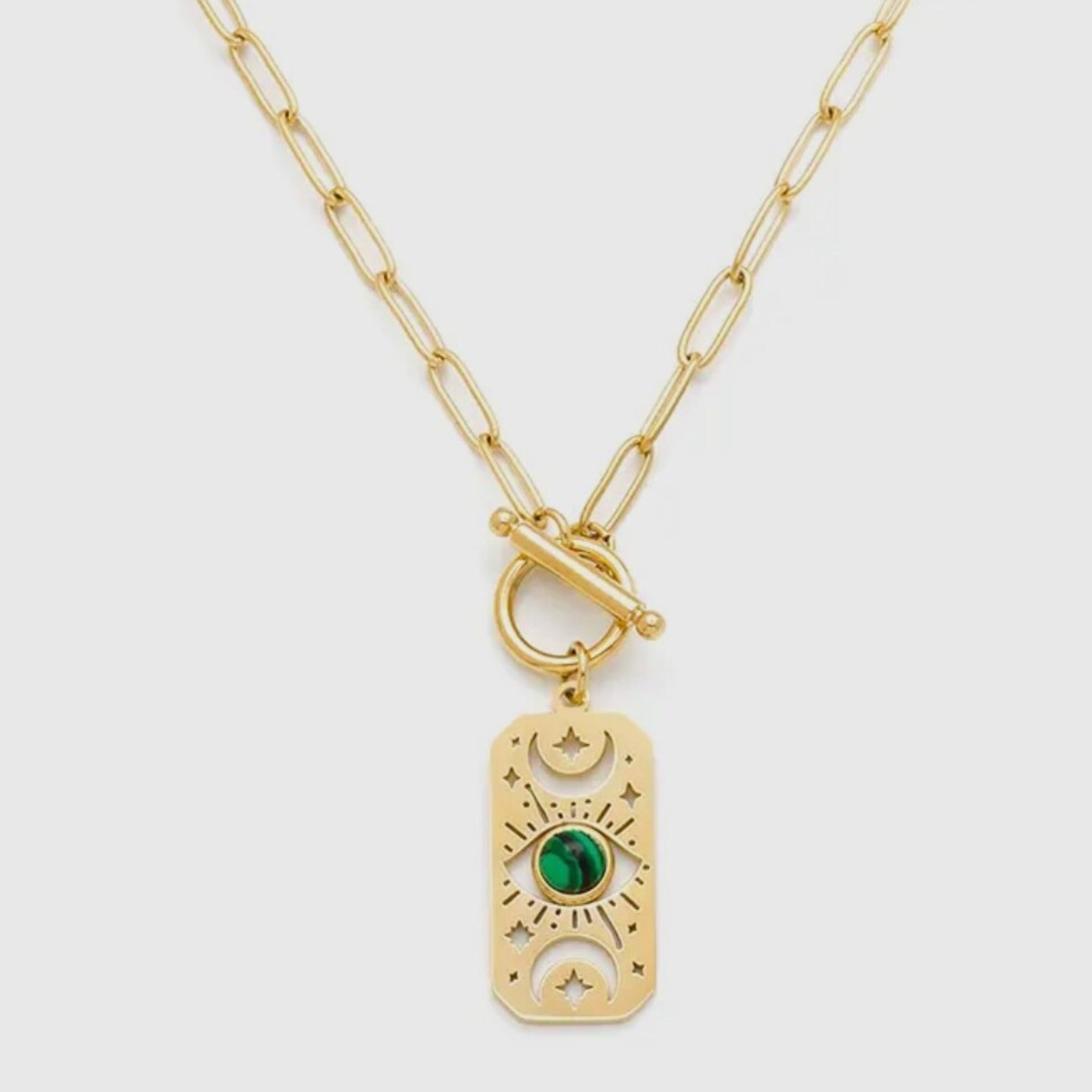 Moon, Star & Eye Malachite Pendant Necklace