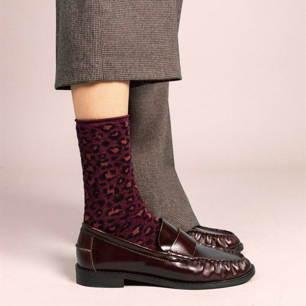 Burgundy Leopard Glitter Lyocell Lurex Socks