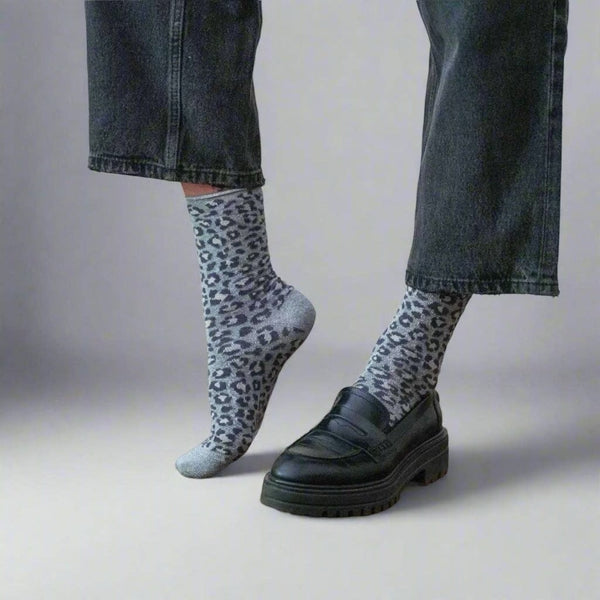 Grey Leopard Glitter Lyocell Lurex Socks