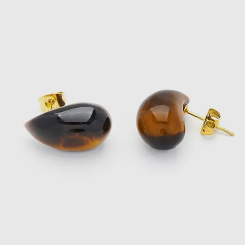 Brown Stone Cabochon Drop Stud Earrings