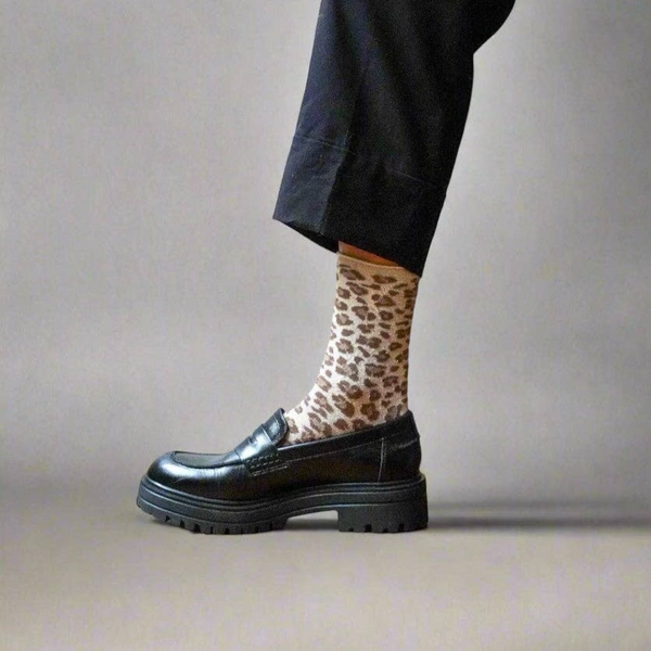 Beige Leopard Glitter Lyocell Lurex Socks