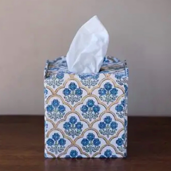 Trellis Indigo Hand Block Printed Tissue Box