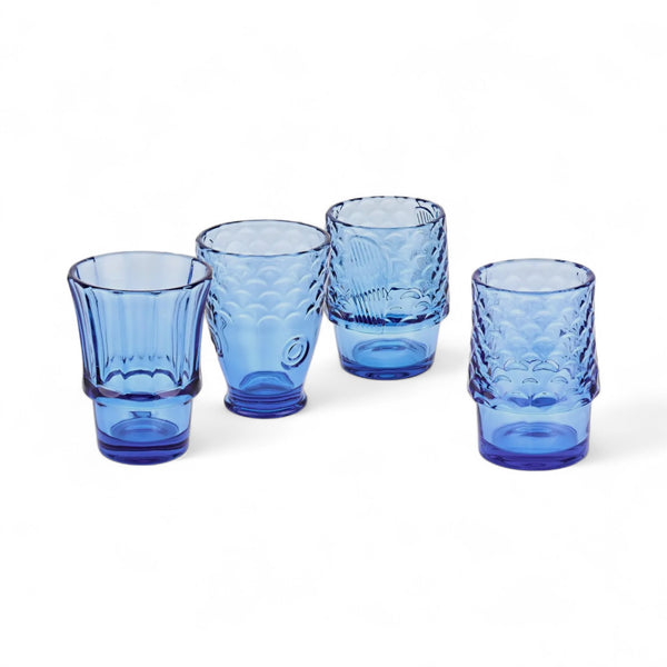 Fish Blue Glass Stacking Tumblers Set of Four