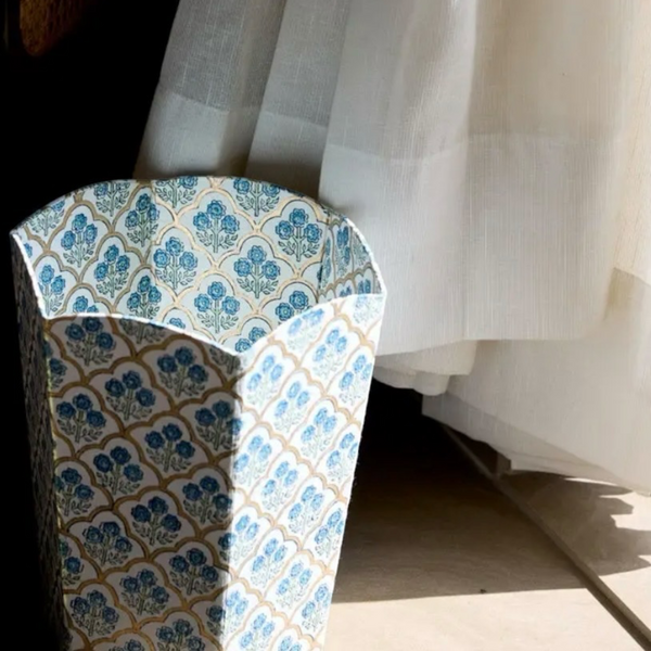 Trellis Indigo Hand Block Printed Paper Bin