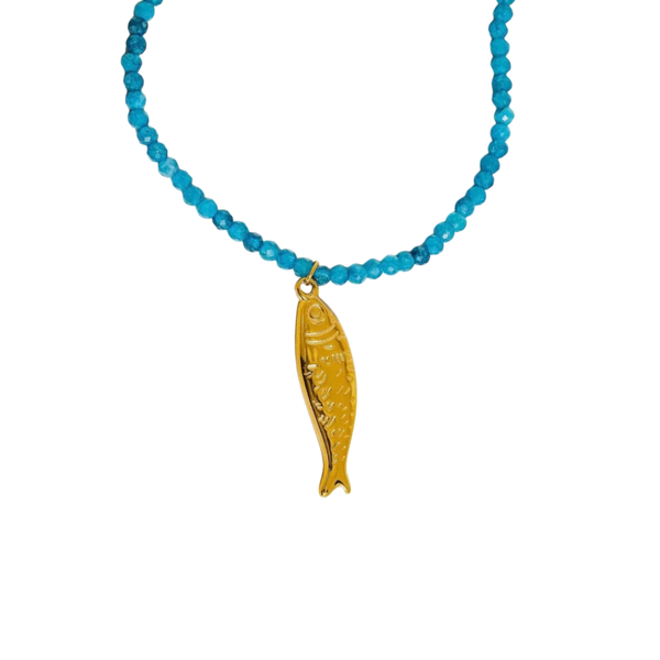 Turquoise Beaded & Gold Plated Fish Pendant Necklace