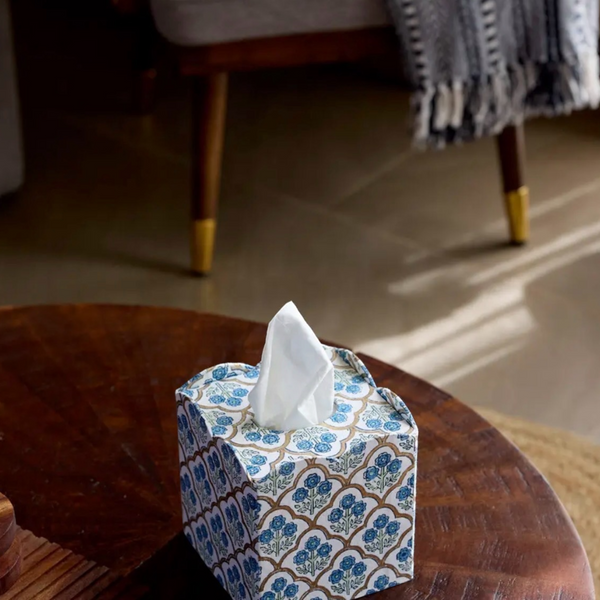 Trellis Indigo Hand Block Printed Tissue Box