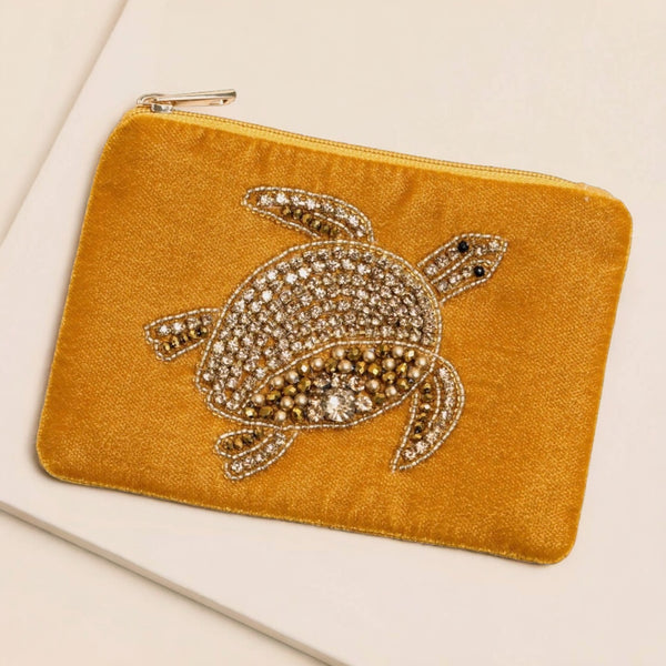 Mustard Beaded Gold Turtle Small Pouch