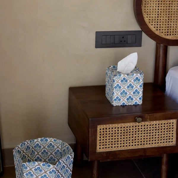 Trellis Indigo Hand Block Printed Paper Bin