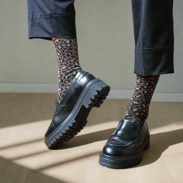 Brown Leopard Glitter Lyocell Lurex Socks