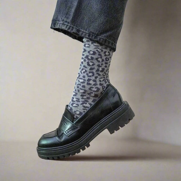 Grey Leopard Glitter Lyocell Lurex Socks