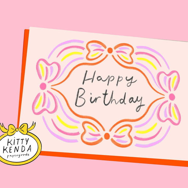 Happy Birthday Bright Bow Border Greeting Card