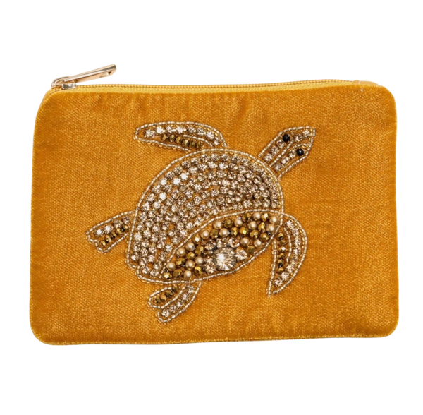 Mustard Beaded Gold Turtle Small Pouch