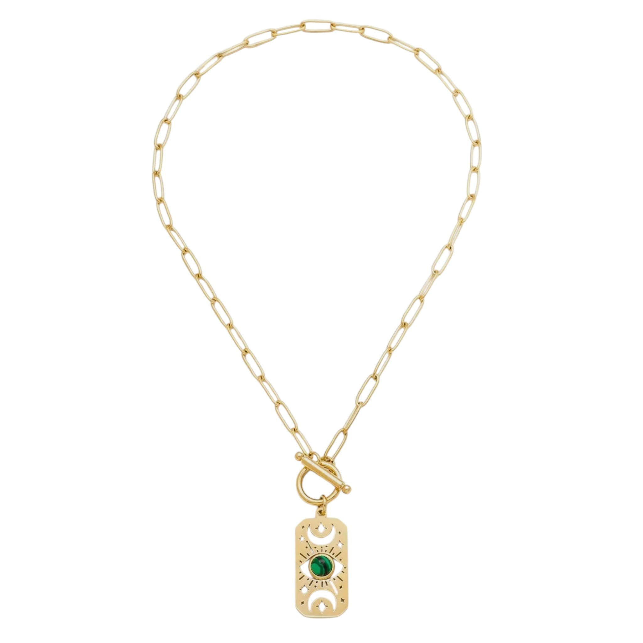 Moon, Star & Eye Malachite Pendant Necklace