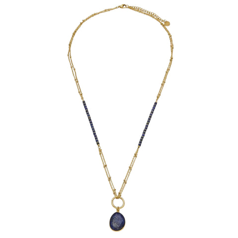 Double Chain Ball and Natural Blue Lapis Lazuli Stone Chain Necklace