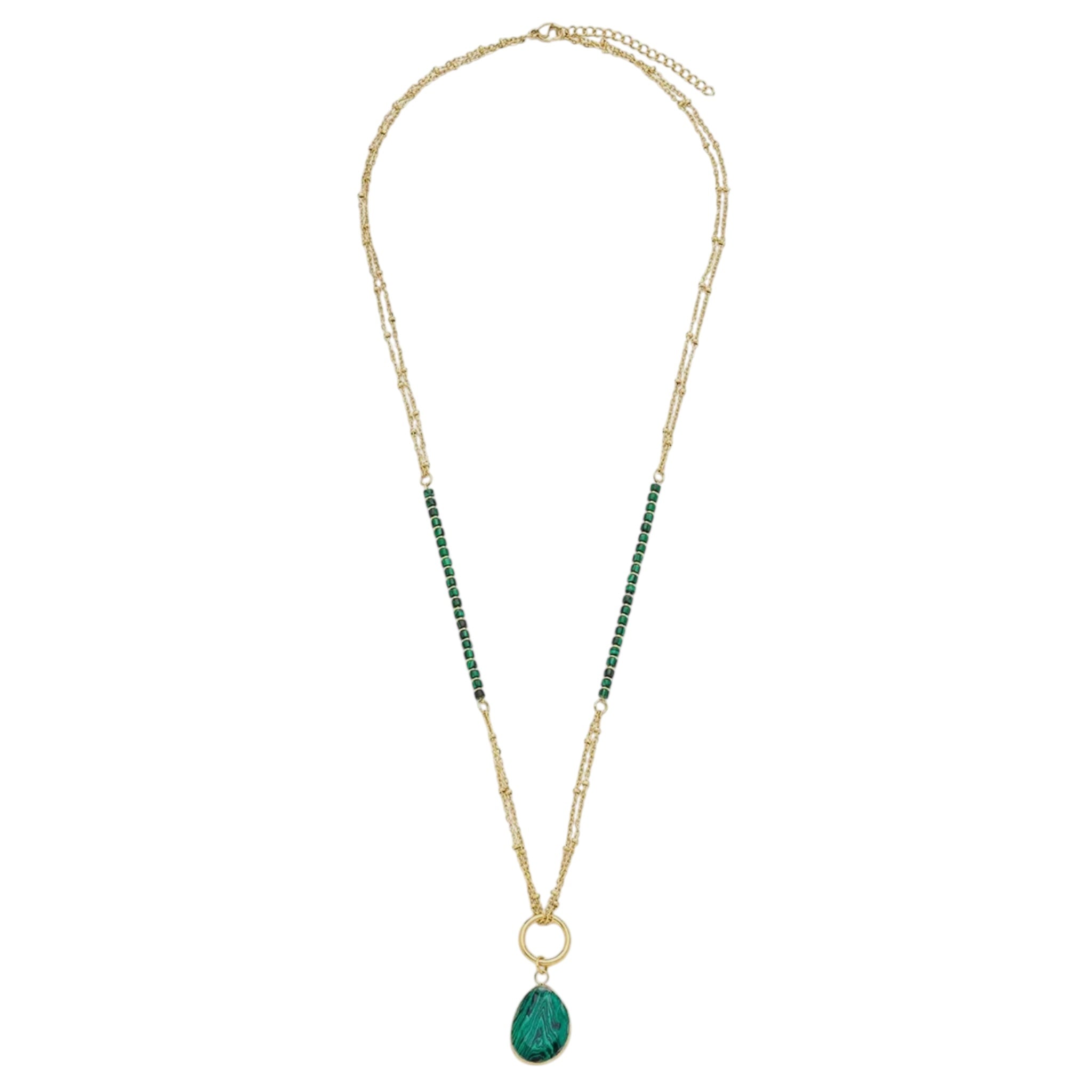 Double Chain Ball and Natural Green Malachite Stone Chain Necklace