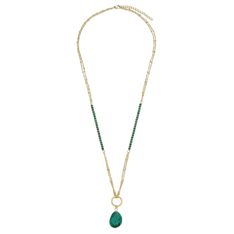 Double Chain Ball and Natural Green Malachite Stone Chain Necklace