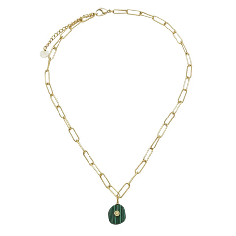 Green Natural Stone Pebble With Metal Centre Pendant With Oval Chain Necklace