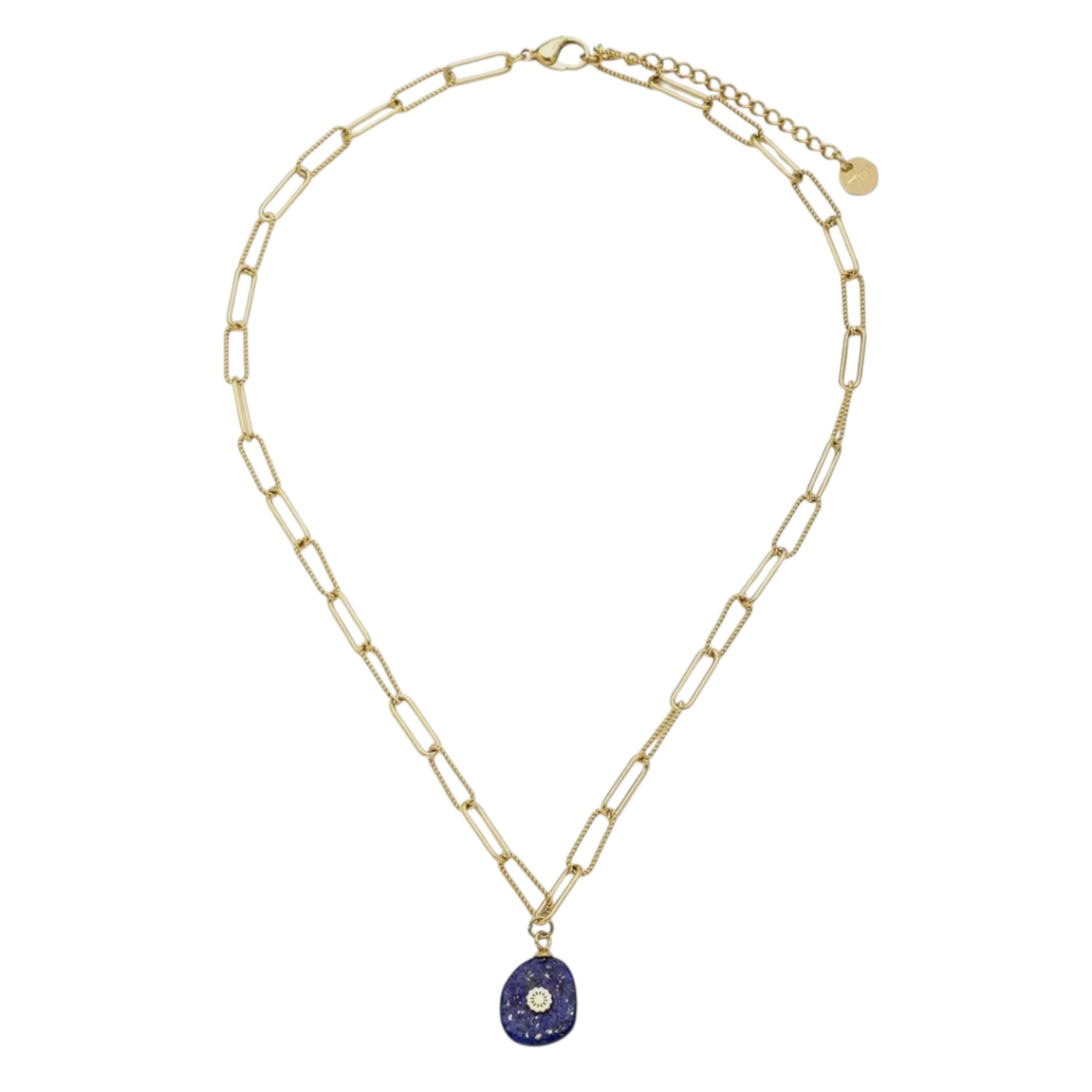 Blue Natural Stone Pebble With Metal Centre Pendant With Oval Chain Necklace