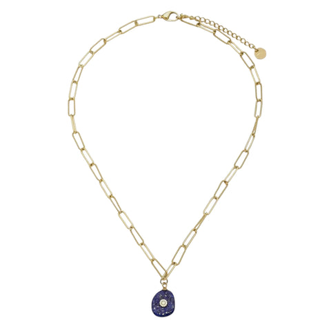 Blue Natural Stone Pebble With Metal Centre Pendant With Oval Chain Necklace