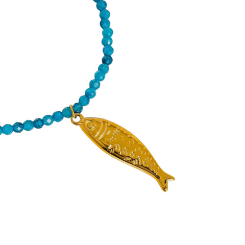 Turquoise Beaded & Gold Plated Fish Pendant Necklace