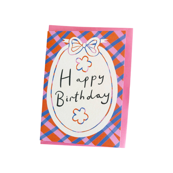 Gingham Bow Border Happy Birthday Card