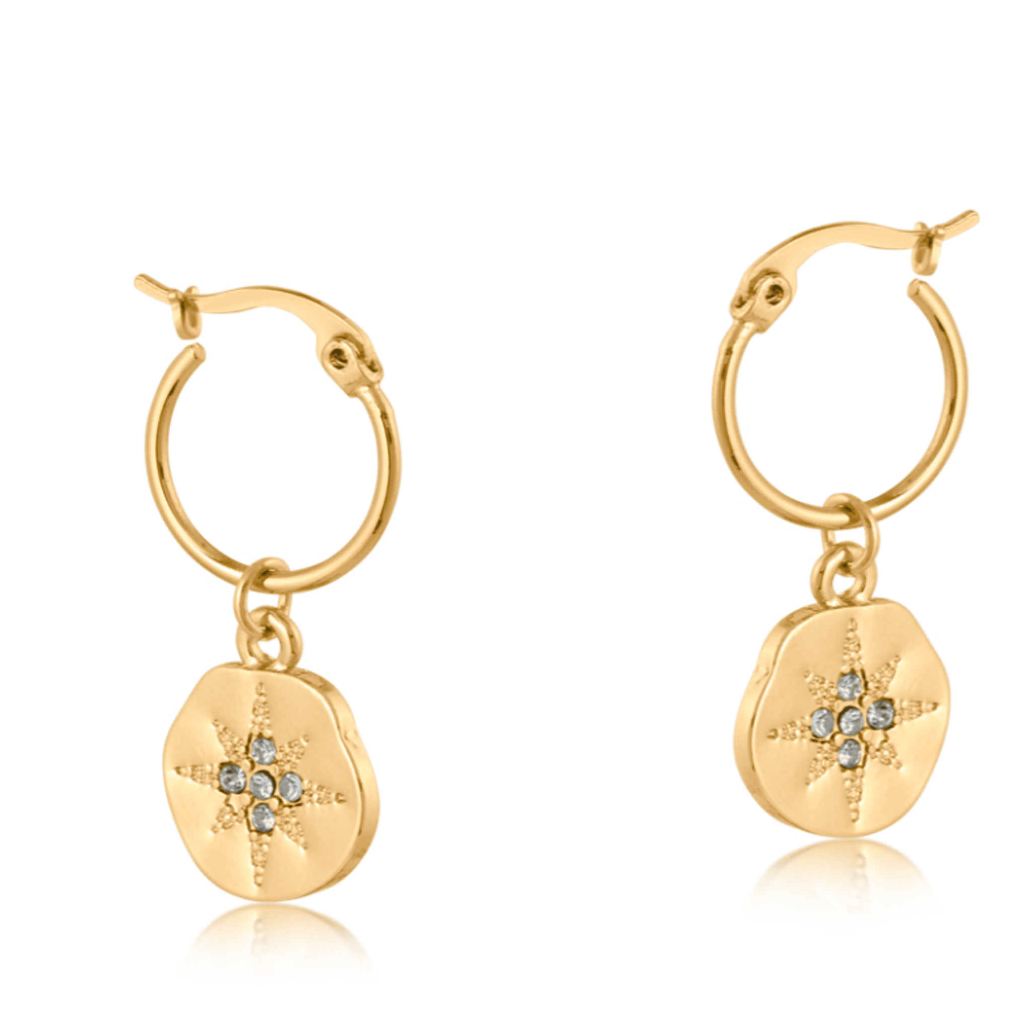 Gold Encrusted Star Disc Hoop Earrings