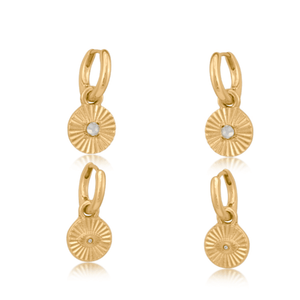 Gold Disc Diamante Disc Drop Hoop Earrings