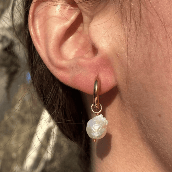 Brass Pearl Drop Hoop Earrings