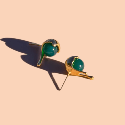 Green Onyx Drip Ball Stud Earrings – 18k Gold Plated